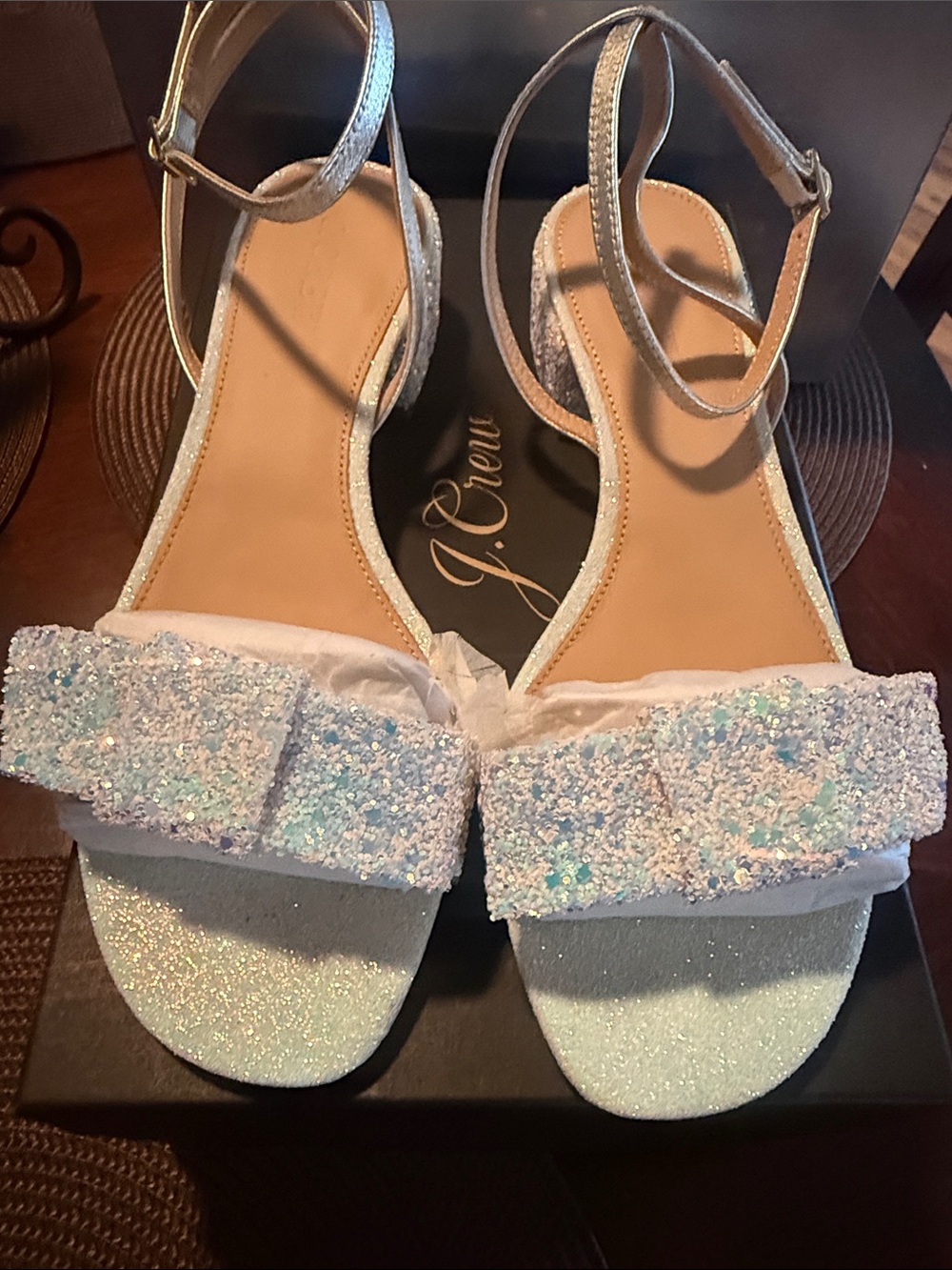 J. Crew Iridescent Silver Glitter Bow-Front Ankle-Strap Sandals